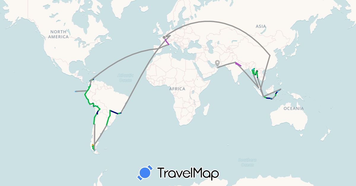 TravelMap itinerary: driving, bus, plane, cycling, train, hiking, boat, hitchhiking, motorbike in Argentina, Bolivia, Brazil, Chile, China, Colombia, Germany, Ecuador, Spain, France, Indonesia, India, Myanmar (Burma), Malaysia, Oman, Peru, Paraguay, Singapore, Thailand (Asia, Europe, South America)